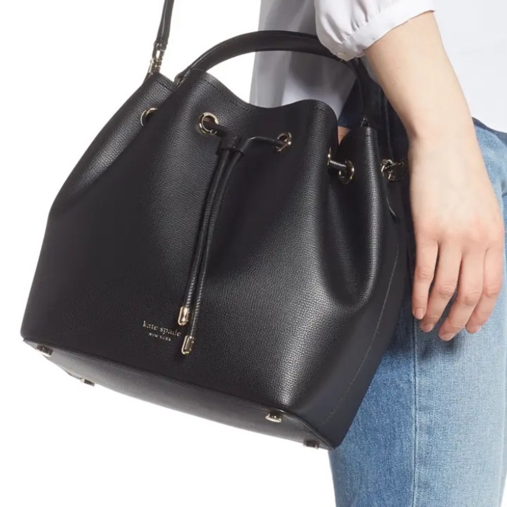 Kate Spade black leather bucket bag.